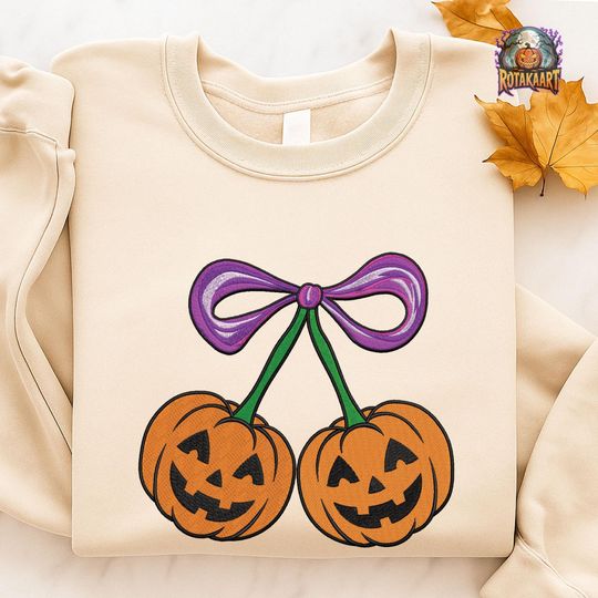 Fall Mama Bow Embroidered Sweatshirt, Pumpkin Cheeries Coquette Embroidered Shirt, Pumpkin Bow Shirt, Ghost Bow Halloween Embroidery