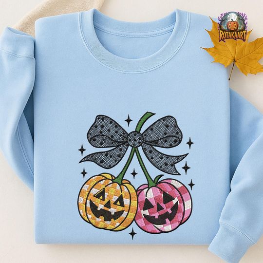 Pumpkin Bow Embroidered Sweatshirt, Pumpkin Cherries Embroidered Shirt, Pumpkin Coquette Shirt, Coquette Bow Halloween Embroidery
