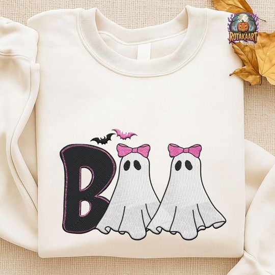 Boo Mama Bow Embroidered Sweatshirt, Spooky Boo Coquette Embroidered Shirt, Preppy Ghost Coquette Shirt, Pumpkin Cherry Halloween Embroidery