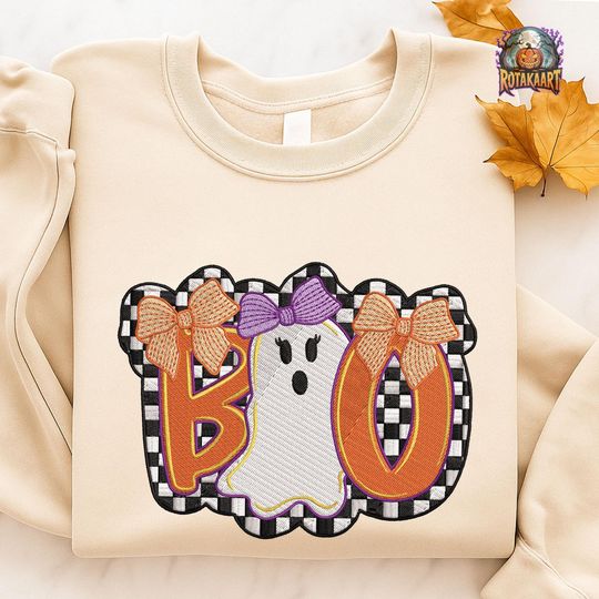Discover Preppy Ghost Coquette Embroidered Sweatshirt, Checkered Bow Coquette Embroidered Shirt, Girly Ghost Shirt, Ghost Boo Halloween Embroidery