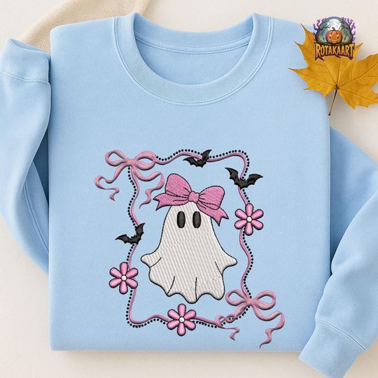 Boo Mama Embroidered Sweatshirt, Preppy Girl Ghost Embroidered Shirt, Ghost Coquette Shirt, Coquette Bow Halloween Embroidery