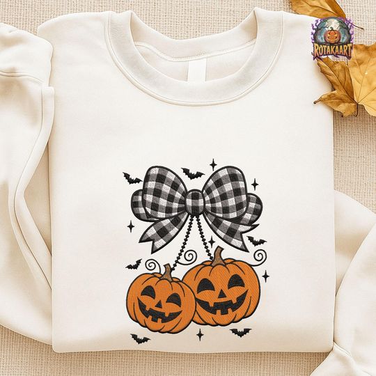 Pumpkin Bow Embroidered Sweatshirt, Pumpkin Cherry Coquette Embroidered Shirt, Checkered Coquette Shirt, Coquette Bow Halloween Embroidery