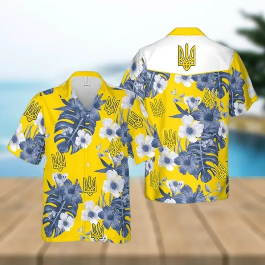 Discover Stand With Ukraine Ukrainian Symbol Support Ukraine Yellow Hawaiian Shirt
