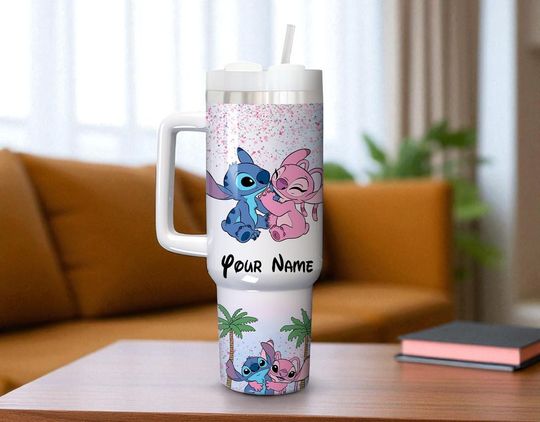 Discover Personalized Disney Angel 40oz Tumbler Stitch and Angel Cup Lilo and Stitch Cartoon Tumbler Couple Gift