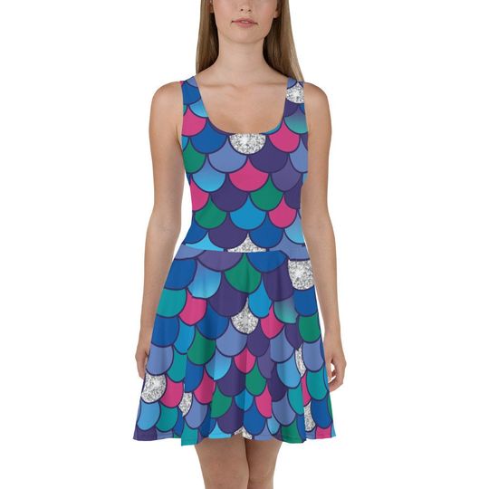Rainbow Fish Scales Skater Dress – Fun Cartoon Style Casual Outfit for Women