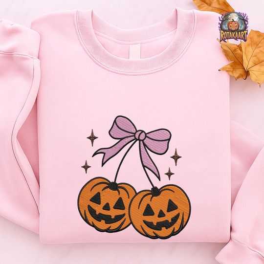 Pumpkin Bow Embroidered Sweatshirt, Pumpkin Cherry Coquette Embroidered Shirt, Pumpkin Coquette Shirt, Coquette Bow Halloween Embroidery