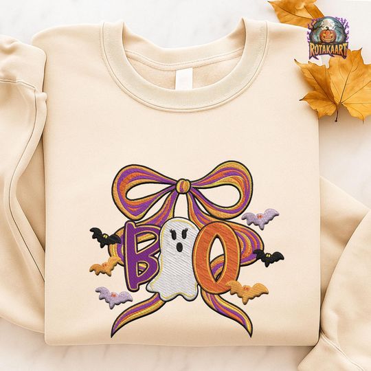 Discover Lacey Ghost Bow Embroidered Sweatshirt, Boo Coquette Embroidered Shirt, Preppy Ghost Coquette Shirt, Preppy Girl Ghost Halloween Embroidery