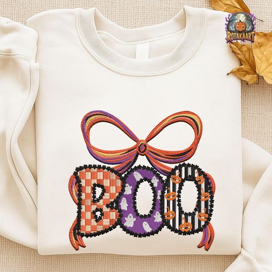 Discover Girly Ghost Bow Embroidered Sweatshirt, Preppy Ghost Coquette Embroidered Shirt, Lace Ghost Bow Shirt, Ghost Boo Halloween Embroidery