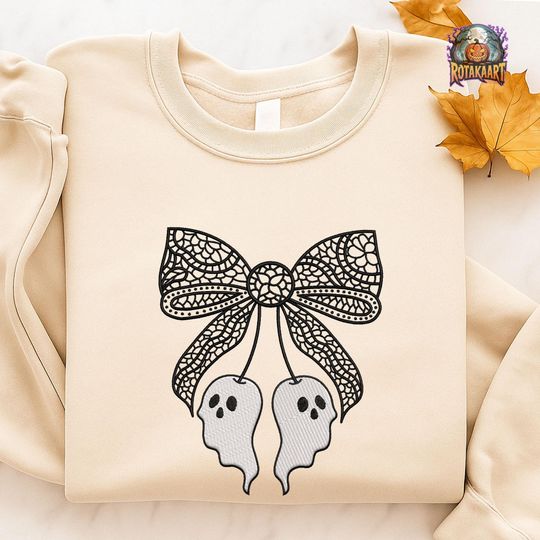 Ghost Coquette Embroidered Sweatshirt, Floating Ghosts Embroidered Shirt, Lace Bow Shirt, Pumpkin Cherry Halloween Embroidery