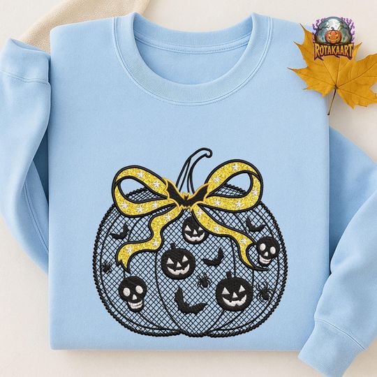 Pumpkin Bow Embroidered Sweatshirt, Lace Coquette Embroidered Shirt, Pumpkin Cherries Shirt, Coquette Bow Halloween Embroidery