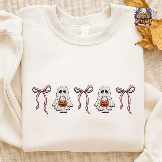 Ghost Coquette Embroidered Sweatshirt, Boo Coquette Embroidered Shirt, Lets Go Ghouls Shirt, Coquette Bow Halloween Embroidery