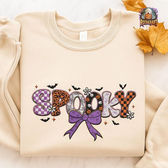 Discover Pumpkin Bow Embroidered Sweatshirt, Spooky Coquette Embroidered Shirt, Preppy Pumpkin Coquette Shirt, Fall Coquette Halloween Embroidery