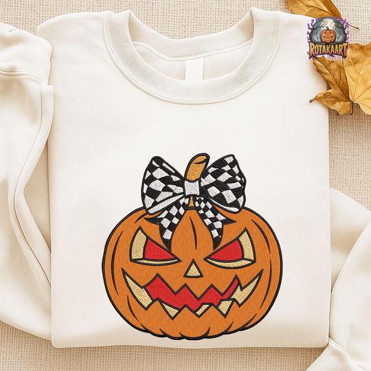 Discover Fall Pumpkin Embroidered Sweatshirt, Checkered Pumpkin Bow Embroidered Shirt, Pumpkin Coquette Shirt, Cherry Bow Halloween Embroidery