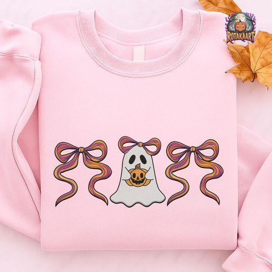 Ghost Bow Embroidered Sweatshirt, Ghost Coquette Embroidered Shirt, Spooky Boo Coquette Shirt, Coquette Bow Halloween Embroidery