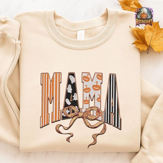 Discover Boo Mama Bow Embroidered Sweatshirt, Mama Coquette Embroidered Shirt, Spooky Mama Coquette Shirt, Pumpkin Cherry Halloween Embroidery