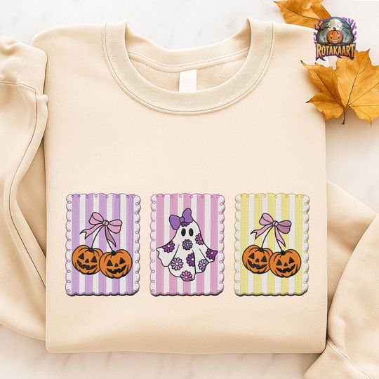Boo Mama Bow Embroidered Sweatshirt, Cherry Pumpkin Coquette Embroidered Shirt, Ghost Pumpkin Bow Shirt, Coquette Bow Halloween Embroidery