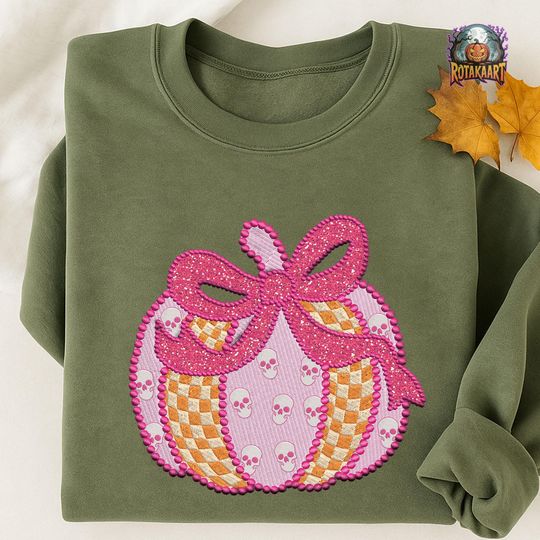 Pumpkin Bow Embroidered Sweatshirt, Lace Pumpkin Coquette Embroidered Shirt, Skulls Bow Shirt, Pumpkin Cherry Halloween Embroidery