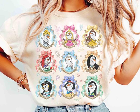 Discover Watercolor Coquette Bows Olaf Custom Disney Princess Characters T-Shirt, Belle Aurora Elsa Ariel Tee, Olaf Frozen, Magic Kingdom Girl Trip