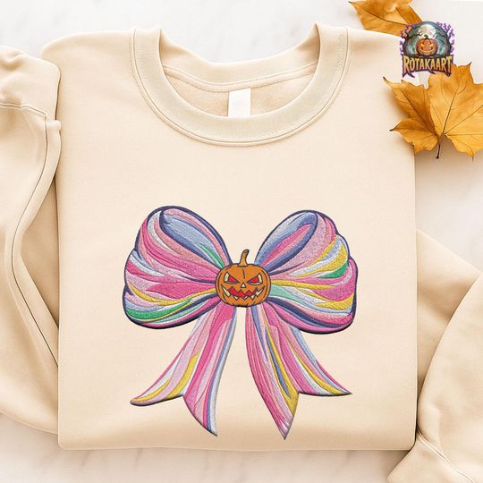 Discover Pumpkin Cherry Embroidered Sweatshirt, Spooky Boo Coquette Embroidered Shirt, Preppy Ghost Coquette Shirt, Ghost Bow Halloween Embroidery