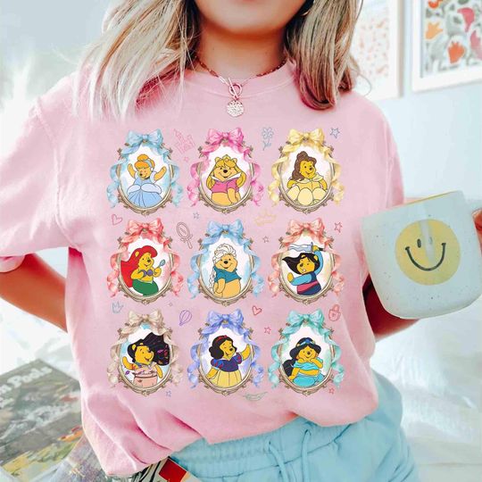 Discover Coquette Bows Pooh Bear Custom Disney Princess Characters T-Shirt, Belle Aurora Elsa Ariel Tee, Winnie The Pooh, Magic Kingdom Girl Trip Tee