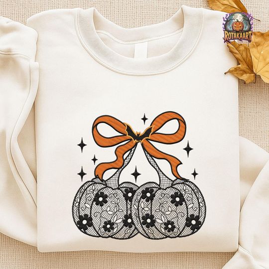 Discover Pumpkin Cherries Embroidered Sweatshirt, Black Lace Coquette Embroidered Shirt, Preppy Pumpkin Bow Shirt, Fall Coquette Halloween Embroidery