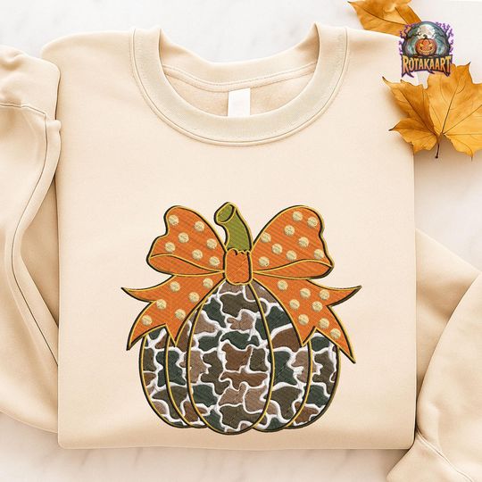 Pumpkin Coquette Embroidered Sweatshirt, Camo Pumpkin Gold Embroidered Shirt, Preppy Pumpkin Bow Shirt, Pumpkin Bow Halloween Embroidery