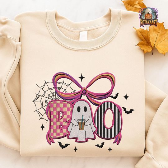 Ghost Coquette Embroidered Sweatshirt, Spooky Boo Ghost Embroidered Shirt, Boo Coquette Shirt, Coquette Bow Halloween Embroidery