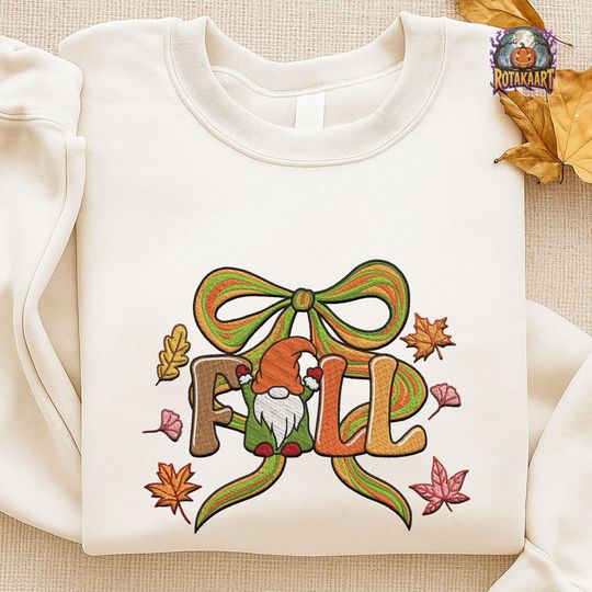 Gnome Coquette Bow Embroidered Sweatshirt, Fall Coquette Embroidered Shirt, Pumpkin Cherry Coquette Halloween Embroidery