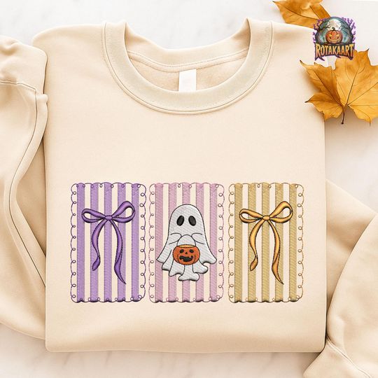 Coquette Bow Embroidered Sweatshirt, Ghost Coquette Bow Embroidered Shirt, Ghost Bow Shirt, Pumpkin Cherry Halloween Embroidery