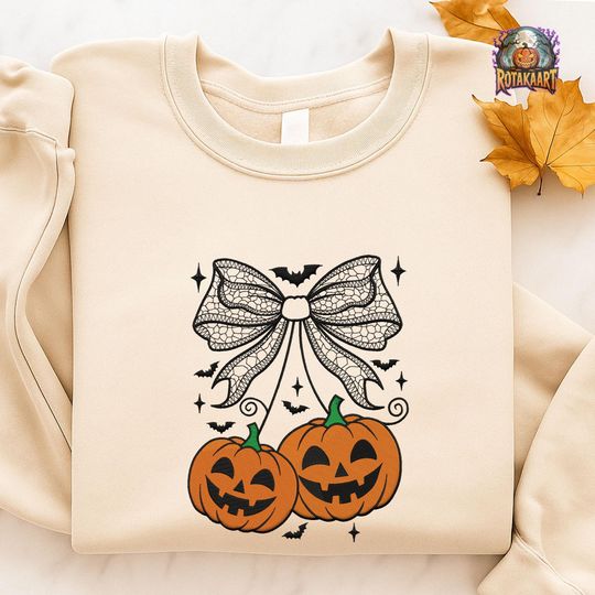 Pumpkin Bow Embroidered Sweatshirt, Cherry Pumpkin Bow Embroidered Shirt, Pumpkin Coquette Shirt, Halloween Pumpkin Halloween Embroidery