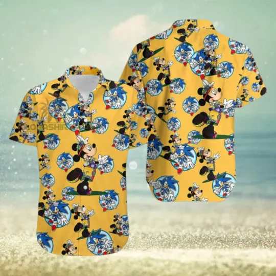Discover Mickey Mouse Hawaiian Shirt with Hula & Sega Sonic The Hedgehog Pattern