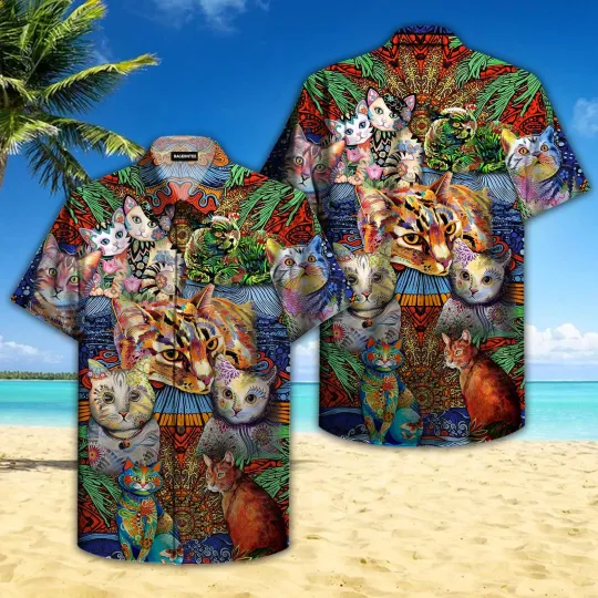 Discover Hippie Cats Peace Life Colorful Hawaiian Shirt