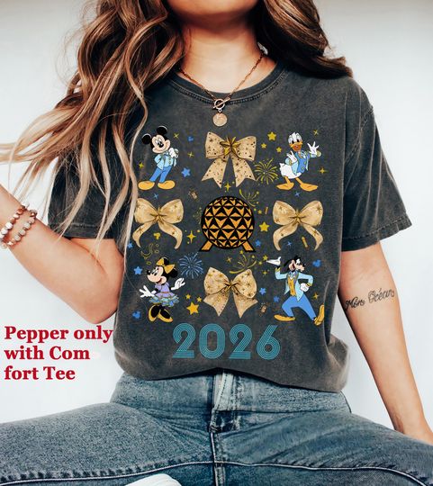 Discover Coquette Bows Mickey And Friends Happy New Year 2026 Shirt, Disney Mickey Matching Happy New Year Shirt, First Trip 2026 Tee, Epcot New Year