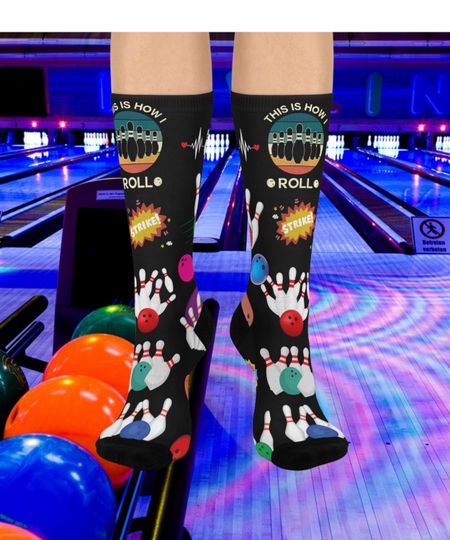 Discover Bowling Alley Crew Socks, Fun Gift for Bowlers, Comfortable Athletic Socks, Colorful Sports Socks, Holiday Stocking Stuffer
