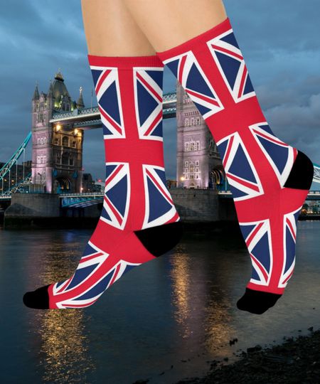 United Kingdom Themed Socks, Union Jack Cushioned Crew Socks, Cozy Socks for Travel, Sock Gift for Her, Fun Everyday Wear