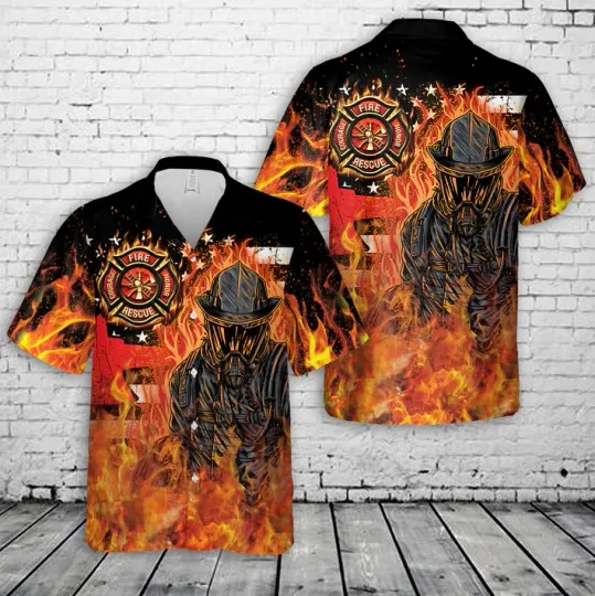 Masked Firefighter Fire Rescue with Burning American Flag Hawaiian Shirt