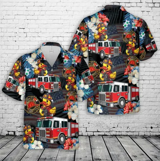 Discover Fire Trucks Firefighter Ducks, 4th Of July Hawaiian Shirt
