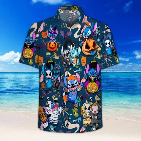 Discover Stich  Hawaiian Button Down Shirt Unisex Adults , GIF Halloween  2025