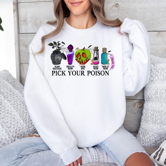 Discover Pick Your Poison Sweatshirt, Disney Villain Hoodie, Halloween Sweat, Disney Witch Hoodie, Disney Halloween Sweater, Halloween Party Hoodie