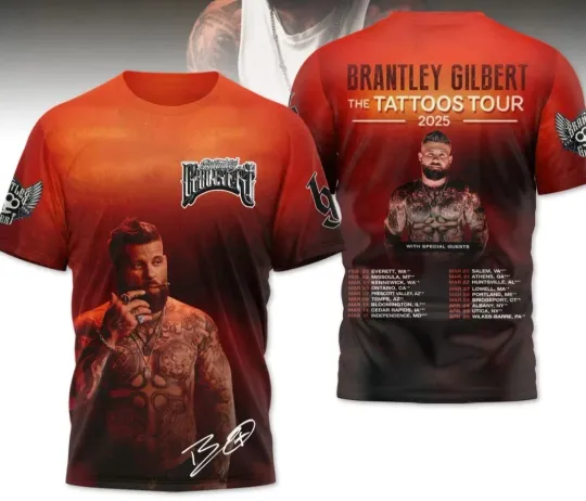 Discover Brantley Gilbert The Tattoos Tour 2025 3D T-Shirt