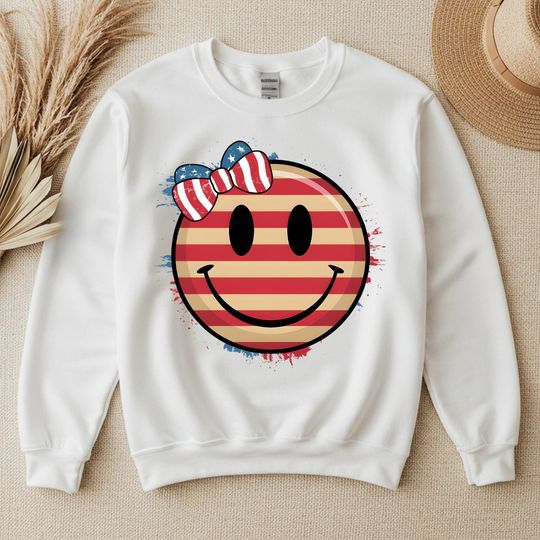 Discover Retro Smile Face American Flag Sweatshirt: 4th of July Crewneck