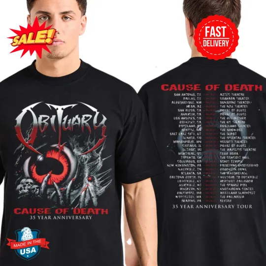 Discover Obituary Cause of Death 35 Year Anniversary Tour 2025 Double Sided T-Shirt