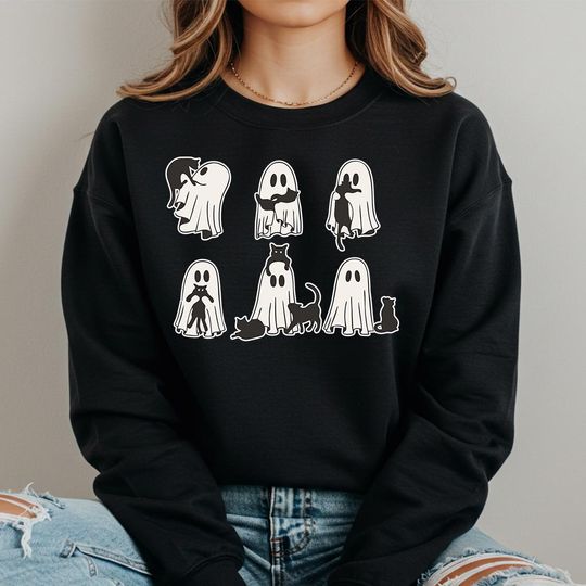 Discover Ghost Black Cats Sweatshirt, Halloween Black Cat Sweatshirt, Spooky Season Tees, Funny Ghost Cat Outfit, Cute Pumpkin Clothing Gifts, Spooky