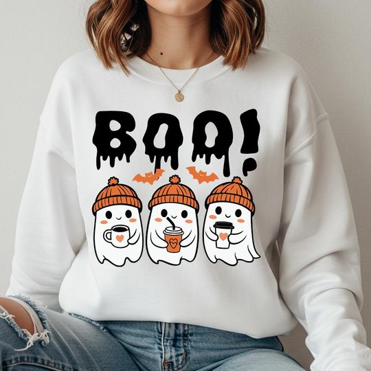 Discover Boo Sweatshirt, Halloween Boo Hoodie, Halloween Pumpkin Outfit, Spooky Season Clothing, Cute Ghost Sweatshirt, Halloween Party Women Gifts