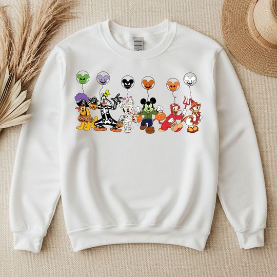 Discover Disney Halloween Sweatshirt, Halloween Matching Sweat, Disney Mickey and Friends Halloween Balloons Hoodie Disney Halloween Skeleton Sweater