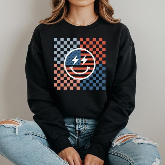 Discover American Flag Happy Face Sweatshirt - Retro 4th of July Crewneck