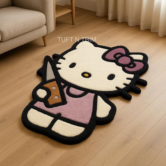 Discover Pink Dress Cat Rug  Cute Kawaii Hand Tufted Wool Irregular Carpet | Gift for Girls, Friends & Family | Artistic Area Rug for Bedroom Dcor
