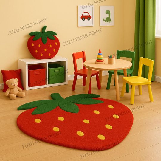 Cute Strawberry Shaped Kids Rug  Fun Fruit Theme Carpet for Playroom, Nursery, or Bedroom Dcor"
