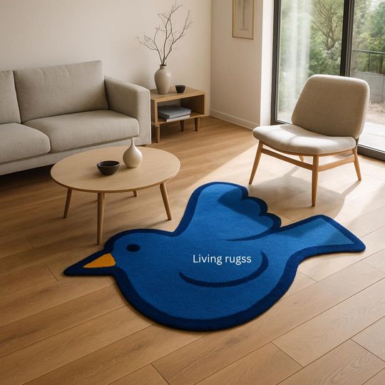 Discover Cute Blue Bird Shaped Area Rug | Whimsical Nursery & Kids Room Decor | Hand-Tufted Wool Accent Rug | Living Room Rug