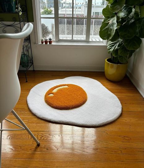 Discover Fried Egg Rug | Cute Yolk Shaped Hand Tufted Rug | Funny Food Rug | Kitchen | Bedroom Decor mat | Cute Food Rug for kitchen | Home Decor